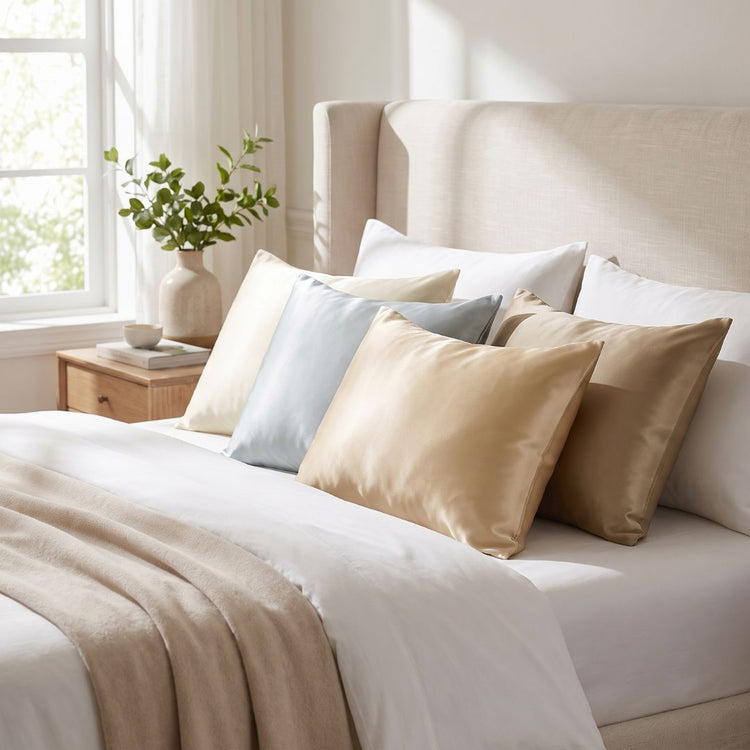 Mulberry silk pillowcases in several colours on a bed