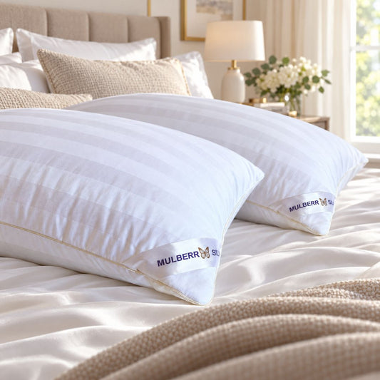 Mulberry silk pillows and bedding on a bed