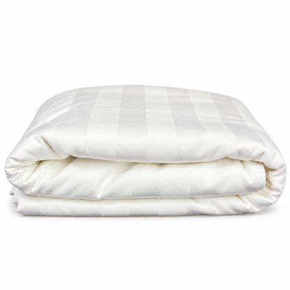 Classic White 320TC cotton duvet cover folded, showing the damask stripe